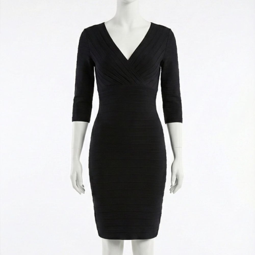 Adrianna Papell Black Bandage Wrap Sheath Dress Cocktail VNeck 3/4 Sleeve Size 4